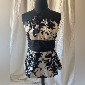 White House Black Market Black and White Silk Floral Halter Top